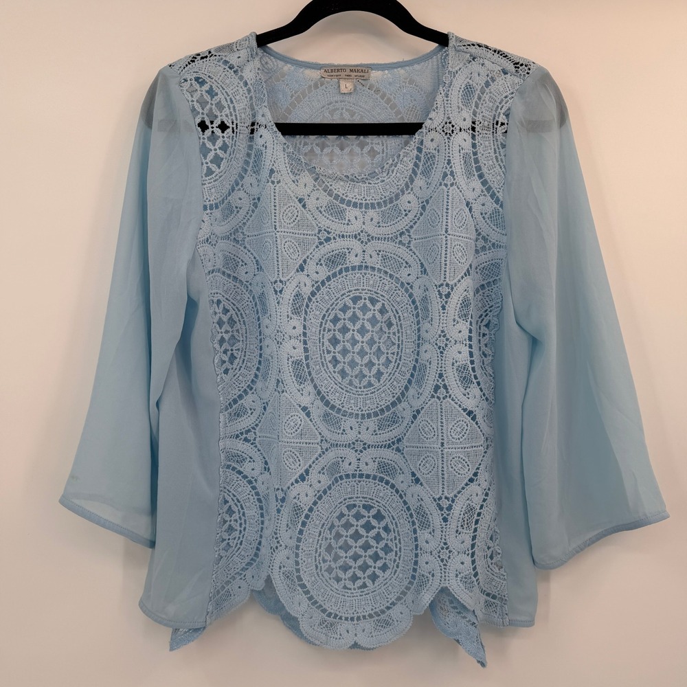 Alberto Makali Light Blue Medallion Crochet Lace Regency Blouse Top Large Sheer